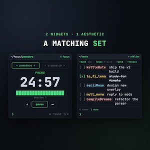 May include: A digital interface set featuring two dark-themed widgets with green text. The left widget displays a pomodoro timer showing 24:57, while the right widget lists tasks including kettleByte, lo_fi_lena, asciiRose, null_nova, and compileDreams.