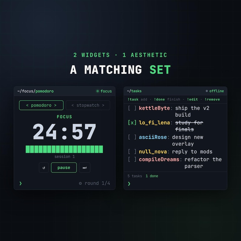 May include: A digital interface set featuring two dark-themed widgets with green text. The left widget displays a pomodoro timer showing 24:57, while the right widget lists tasks including kettleByte, lo_fi_lena, asciiRose, null_nova, and compileDreams.