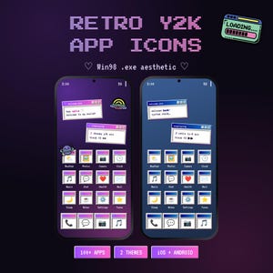 May include: A digital display of retro Y2K app icons featuring two smartphone screens with pixelated window interfaces, including text like 'RETRO Y2K APP ICONS', 'Win98 .exe aesthetic', 'welcome.exe', 'nowplaying', '100+ APPS', '2 THEMES', and 'iOS + ANDROID'.