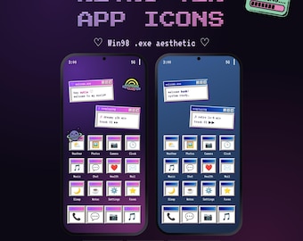 Pacote de ícones retrô Y2K para aplicativos | Mais de 100 ícones para iOS e Android | Papéis de parede com temas clássicos estéticos do Win98 (.exe) + ícones de redes sociais | Download digital