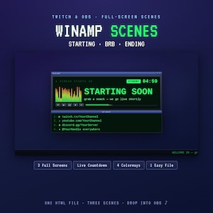 Scènes de streaming Winamp pour Twitch | Écrans de fin rétro « Démarrage imminent » | Compte à rebours en direct | 4 coloris | Overlay OBS | Sans StreamElements