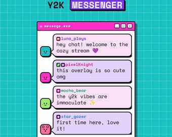 Sobreposição de caixa de bate-papo do Twitch Messenger Y2K | Widget de bate-papo animado sem StreamElements | Fonte do navegador OBS | Download retrô kawaii