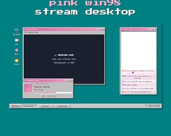 Pink Windows 98 Stream Desktop Overlay for Twitch | Retro Y2K OBS Layout | Live Chat + Now Playing + Alerts + Webcam Window | No Bot