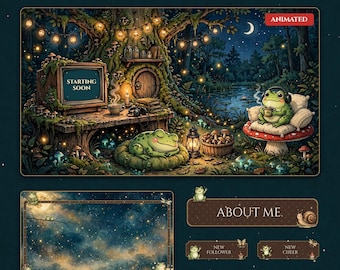 Animated Cozy Frog Twitch Overlay Pack | Cottagecore Mushroom Forest Stream Package | OBS Twitch Panels Alerts Webcam Chat Frames VTuber