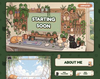 Animated Cozy Plant Cat Twitch Overlay Pack | Black Cat Orange Cat Desk Stream Package | OBS Panels Alerts Webcam Chat Emotes Green