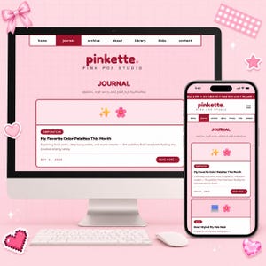 May include: A desktop computer and smartphone display a website with a pink theme. The website, "pinkette. PINK POP STUDIO," features a journal with articles on color palettes and style notes. A keyboard, mouse, and decorative elements complete the setup.