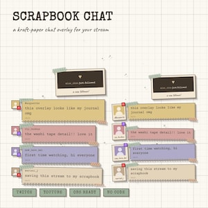 May include: A digital chat overlay for streams titled SCRAPBOOK CHAT, featuring a grid background, kraft-paper style message boxes in yellow, pink, purple, and beige, decorated with washi tape graphics, and polaroid-style follower notifications.