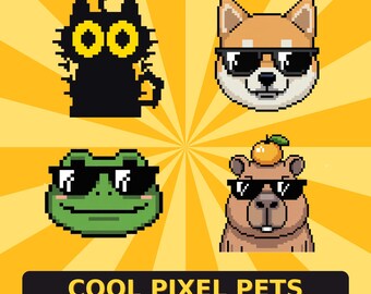 Pacote Pixel PNGTuber com 4 imagens | Avatar animado de gato preto, Shiba Inu, sapo e capivara | Veadotube OBS Twitch Streamer | Óculos de sol estilosos em 8 bits