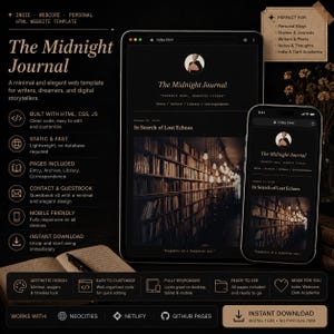 May include: A digital web template called "The Midnight Journal" displayed on a tablet and smartphone. The template is designed for writers and storytellers, with a minimalist aesthetic. The design is fully responsive and includes pages for entry, archive, and correspondence.