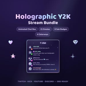 ホログラフィックY2Kストリームバンドル｜アニメーションTwitchチャットボックス＋21種類のエモート＆6種類のサブバッジ｜虹色クロームOBSオーバーレイ｜4色展開