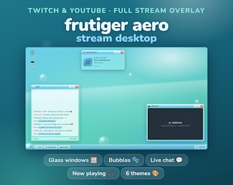 Frutiger Aero Stream Desktop Overlay for Twitch | Glossy Glass Y2K OBS Layout | Live Chat + Now Playing + Alerts + Webcam Frame | 6 Themes