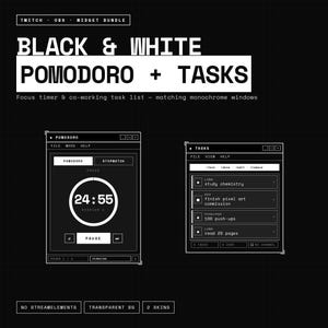 May include: A black and white Twitch OBS widget bundle featuring a Pomodoro focus timer and a co-working task list. The interface displays a digital clock set to 24:55, task entries for study, pixel art, push-ups, and reading, with a transparent background.