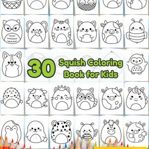 May include: A coloring book for kids featuring 30 pages of adorable, squishy-themed illustrations. The cover displays various cute animal and food designs, with a colorful border of colored pencils at the bottom. The text reads "30 Squish Coloring Book for Kids" and "30 Pages."