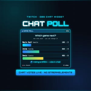 Stemwidget Twitch Chat Poll | Overlay stemmen livechat | Geen StreamElements OBS-browserbron | Geanimeerde peilingtimer | Y2K + neon