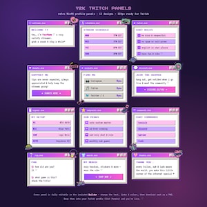 Peut inclure: Un ensemble de douze panneaux de profil Twitch numériques au style Y2K, avec des cadres de fenêtres violets et roses. Chaque panneau comporte des étiquettes textuelles comme welcome.exe, schedule.exe et rules.exe, avec des icônes pixelisées.