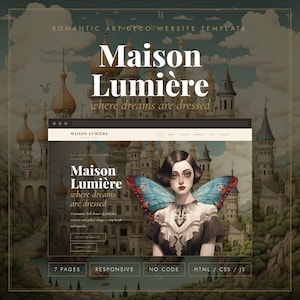 May include: A website template titled Maison Lumière featuring a digital illustration of a person with blue butterfly wings against a castle background. The layout includes navigation menus, text blocks, and buttons labeled Enter the Gallery and Commission.