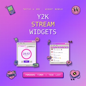 May include: A digital graphic set featuring Y2K stream widgets for Twitch and OBS. The design includes a purple gradient background, a Pomodoro timer window, a task list window, and various pixel art icons like hearts, a handheld game, and a smiley face.