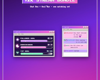 Pacote Y2K Stream | Caixa de bate-papo da Twitch + Sobreposição de barra de metas | Bate-papo animado do Windows 98 e efeito brilhante (Download digital)