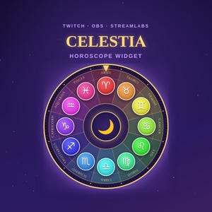 以下が含まれることがあります： Twitch、OBS、Streamlabs用のCelestiaデジタル星占いウィジェット。円形の黄道十二宮ホイールが特徴です。ホイールには各星座を表す12個のカラフルな円形アイコンが表示されており、中央には黄色い三日月が配置されています。