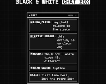 Sobreposição de caixa de bate-papo do Twitch em preto e branco | Widget de bate-papo animado estilo anos 2000 sem StreamElements | Fonte do navegador OBS | Sobreposição de transmissão retrô monocromática