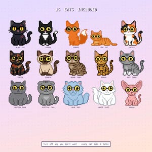 May include: A digital pixel art collection featuring 15 cats with yellow glasses, labeled as Black Cat, Tuxedo, Ginger, Loaf Cat, Calico, Tortie, Siamese, Brown Tabby, Bengal, Grey Tabby, British Blue, Scottish Fold, Blue Puff, White Fluff, and Sphynx.