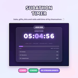 Puede incluir: Una interfaz de temporizador de subathon digital con fondo morado oscuro. La pantalla muestra un reloj de cuenta regresiva en 05:04:56, una barra de progreso y una lista de objetivos que incluye Eat Spicy, Play Horror y Cosplay Stream.