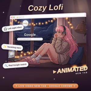 以下が含まれることがあります： 「Cozy Lofi」と題されたブラウザインターフェース。ヘッドフォンとセーターを身につけたピンク色の長い髪のキャラクターが、夜の窓辺でストリングライトに囲まれて座っているアニメーションイラストと、テキストラベル、Google検索バーが表示されています。