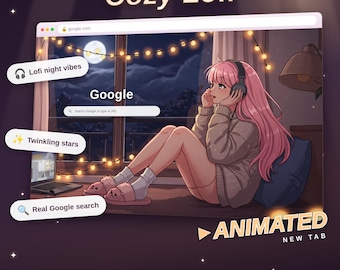 Nova aba animada "Noite Lo-Fi Aconchegante" | Papel de parede em vídeo para sala de estudos de uma garota Lo-Fi | Tema para navegador Chrome | Página inicial estética do Google