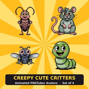 May include: A set of four pixel art characters including a brown cockroach, a gray rat, a dark blue fly, and a green caterpillar. The text CREEPY CUTE CRITTERS Animated PNGTuber Avatars Set of 4 is displayed on a black rectangular banner below.