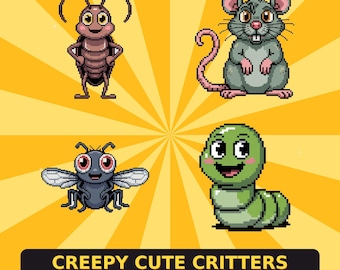Conjunto de 4 Criaturas Pixel PNGTuber | Avatares animados de barata, rato, mosca e minhoca | Veadotube OBS Twitch Streamer | Engraçado, Assustador e Fofo em 8 bits