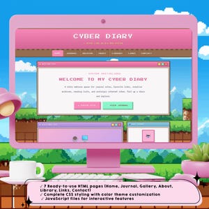 May include: A pink computer monitor displaying a retro-style website interface with the text "CYBER DIARY." The screen shows a welcome message and navigation buttons. A list of features is at the bottom.