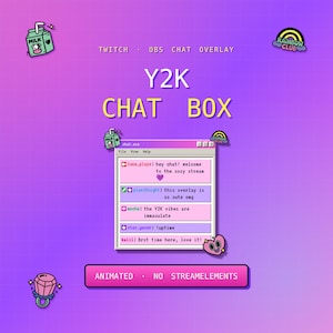 May include: A digital Twitch OBS chat overlay graphic featuring a Y2K aesthetic. The design includes a central chat box window with sample text, surrounded by icons of a milk carton, a rainbow, and a ring. Text reads: TWITCH OBS CHAT OVERLAY, Y2K CHAT BOX, and ANIMATED NO STREAMELEMENTS.