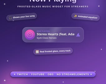Widget de música em reprodução para Twitch e OBS | Sobreposição de música em reprodução do Spotify com efeito vidro fosco, 4 estilos e 6 cores | Sem StreamElements