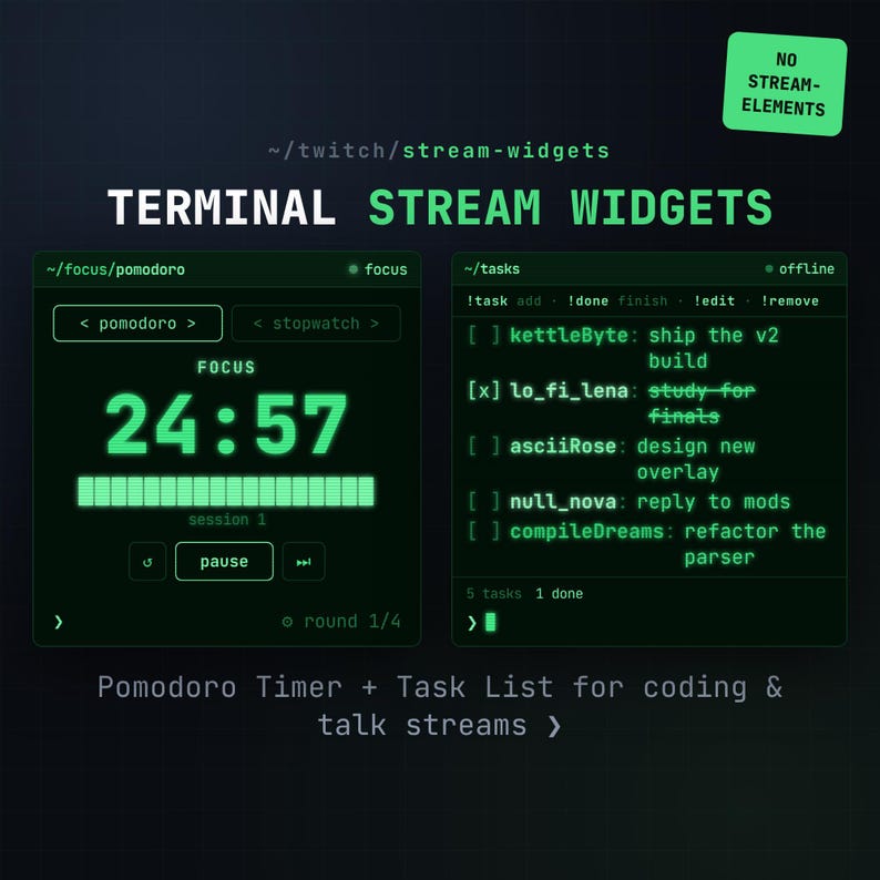 May include: A digital interface featuring terminal stream widgets with neon green text on a dark background. It includes a pomodoro timer displaying 24:57 and a task list with commands like !task add, !done, and !edit. Text includes TERMINAL STREAM WIDGETS.