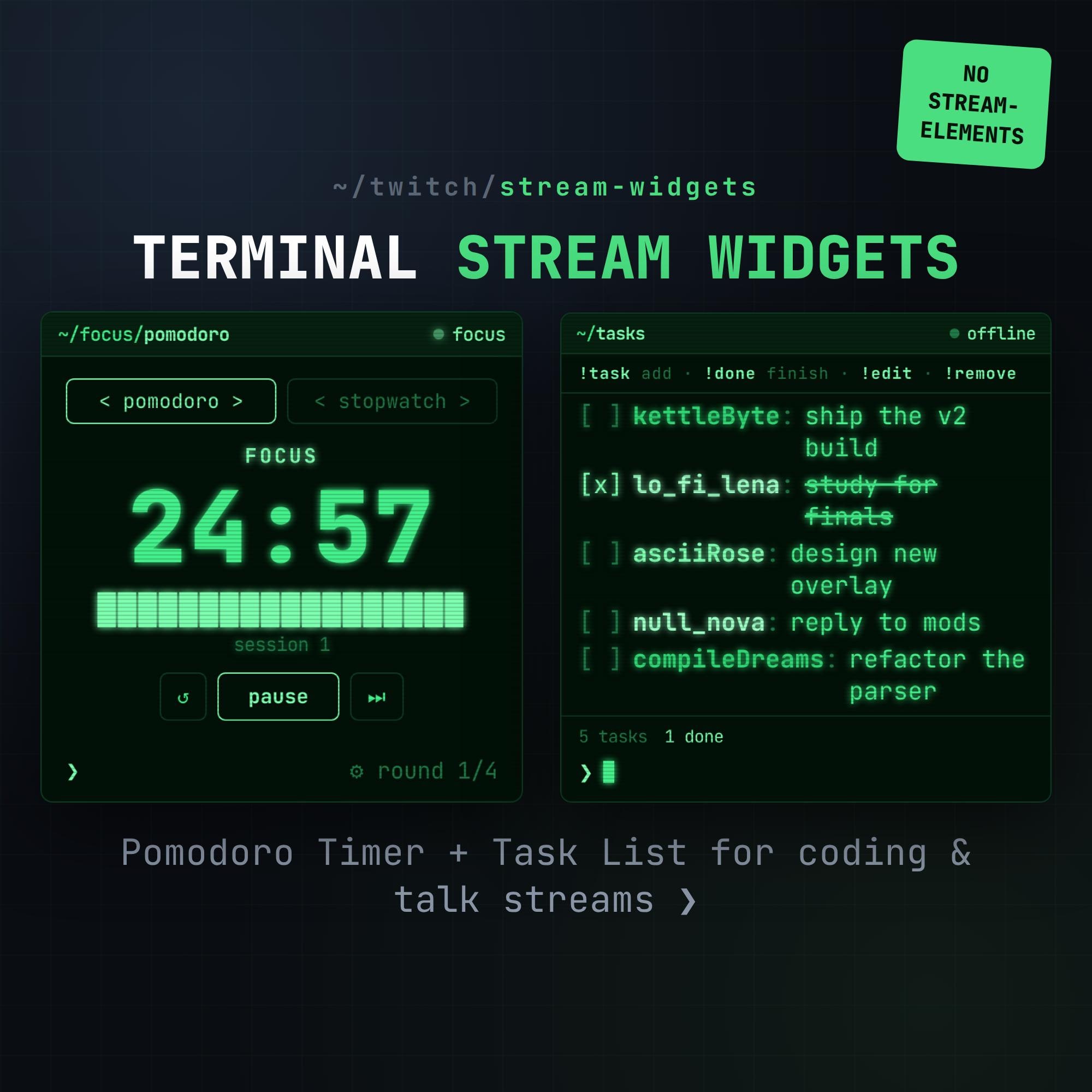 Terminal Stream Widgets | Pomodoro Timer + Task List Twitch Overlay No StreamElements | Coding Stream OBS (Digital Download)