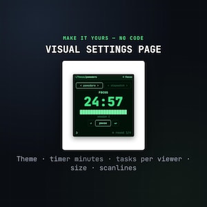 May include: A digital interface display featuring the text MAKE IT YOURS - NO CODE VISUAL SETTINGS PAGE. The central element is a dark green timer showing 24:57 with a pause button, session 1 indicator, and round 1/4 text. Below are the words Theme, timer minutes, tasks per viewer, size, and scanlines.