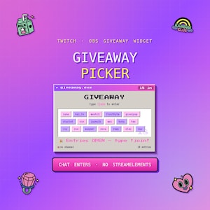 May include: A digital Twitch OBS giveaway widget interface featuring a purple gradient background with a grid pattern. The display shows the text GIVEAWAY PICKER and a window labeled giveaway.exe with a list of usernames and the text Entries OPEN.