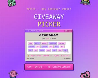 Widget de seleção de brindes do Twitch Y2K | Sobreposição de sorteio no chat | Fonte do navegador OBS sem StreamElements | Seletor de vencedores animado | Pixel Win98