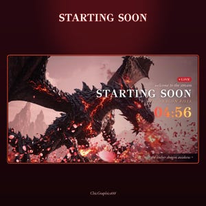 May include: A digital stream overlay featuring a black dragon with glowing orange lava-like cracks, breathing fire amidst falling petals. Text includes STARTING SOON, welcome to the stream, THE DRAGON RISES, 04:56, and the ember dragon awakens.