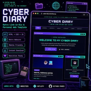 May include: A digital art graphic promoting a retro-themed Cyber Diary website template. The design features a computer screen, a vintage monitor, a floppy disk, and a coffee mug. The color scheme is primarily purple and teal, with text that reads "Cyber Diary".