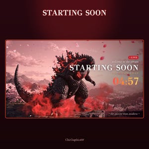May include: A digital stream overlay featuring a dark, textured monster with glowing red accents standing in a landscape with cherry blossoms. Text includes STARTING SOON, welcome to the stream, THE TITAN RISES, 04:57, and the ancient titan awakens.