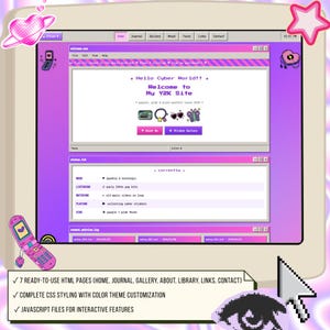 May include: A computer monitor displays a Y2K-themed website with a purple and pink color scheme. The website features the text "Hello Cyber World!" and "Welcome to My Y2K Site." A pink flip phone and a cursor are also visible.