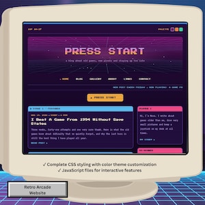 Könnte beinhalten: Ein beigefarbener Computermonitor, der eine Website im Retro-Arcade-Stil mit violettem Rasterhintergrund anzeigt. Der Bildschirm zeigt den Text PRESS START, Navigationslinks und einen Blogbeitrag mit dem Titel I Beat A Game From 1994 Without Save States.