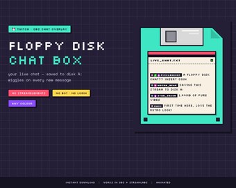 Floppy Disk Twitch Chat Box Overlay | Retro Pixel Animiertes Chat Widget Kein StreamElements | OBS Browser Quelle | Benutzerdefinierte Farben Y2K 90er Jahre