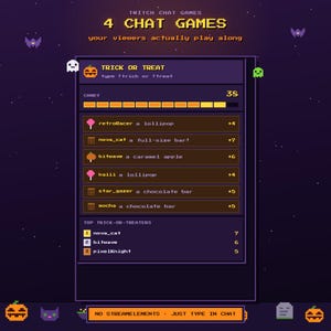 Könnte beinhalten: Eine Pixel-Art-Oberfläche für Twitch-Chat-Spiele mit einem Trick-or-Treat-Modul. Die Anzeige zeigt einen Fortschrittsbalken für Süßigkeiten, eine Liste von Benutzerbelohnungen wie Lutscher und Schokoriegel sowie eine Bestenliste der Top-Trick-or-Treater.