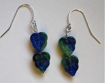 Green and Blue Leaf Shaped Glass Earrings