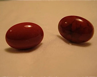 Cherry Red With Marbling Oval Pierced Earrings