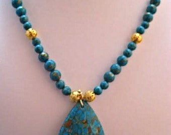 Turquoise Mosaic Bead Necklace With Large Teardrop Pendant