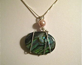 Green Abalone Pendant  Wrapped in Sterling