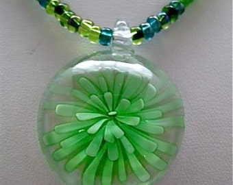 Emerald Greens and Czech Glass Chrysanthemum Pendant Necklace